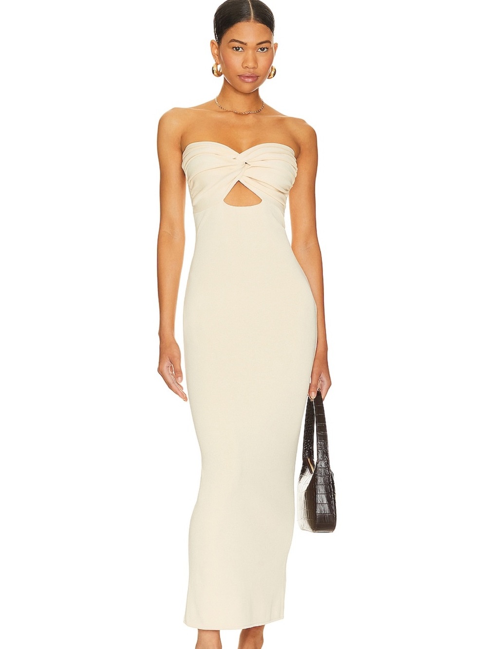 Strapless Twist-Front Midi Dress in Cream